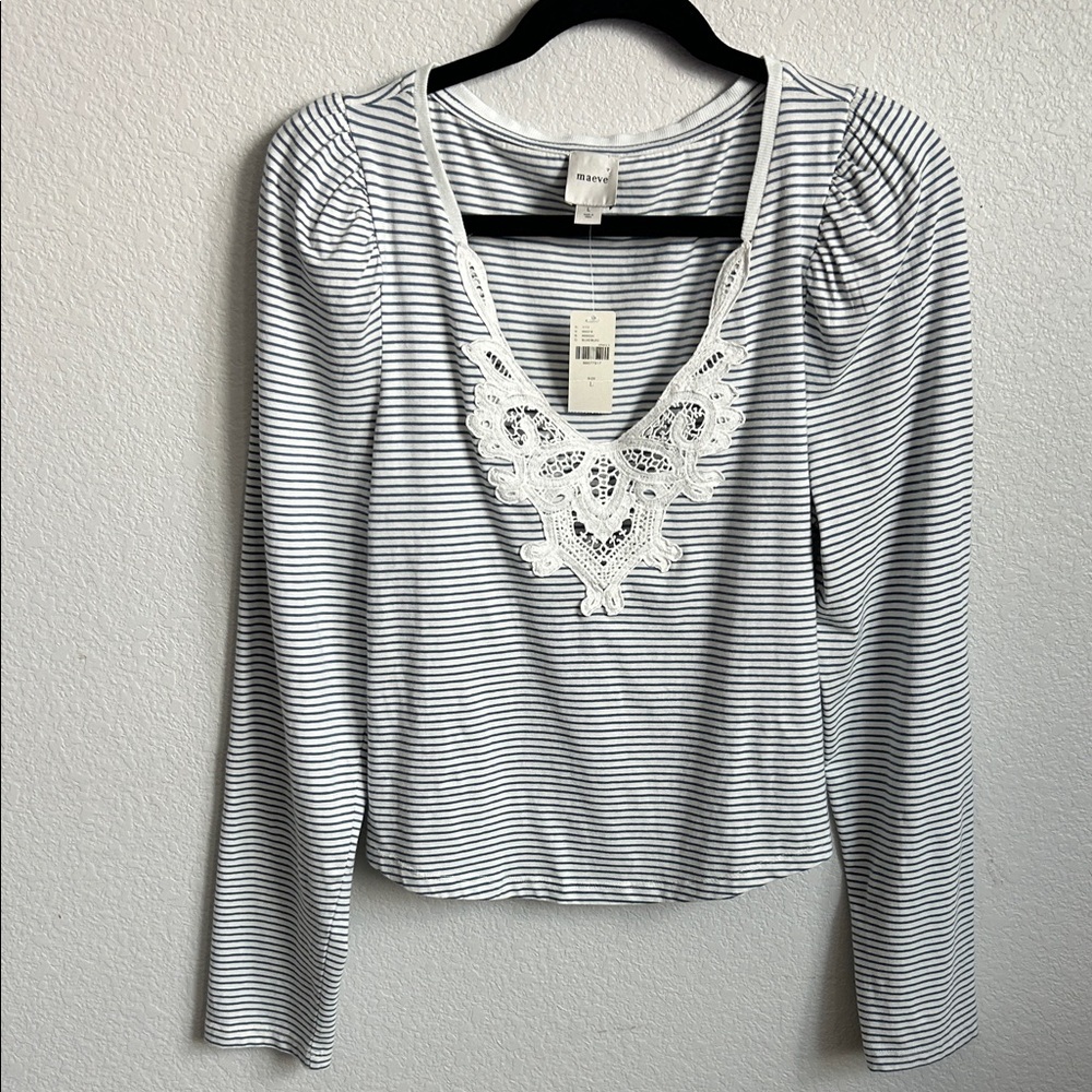 Anthropologie Navy and White Striped Blouse with Lace Detail